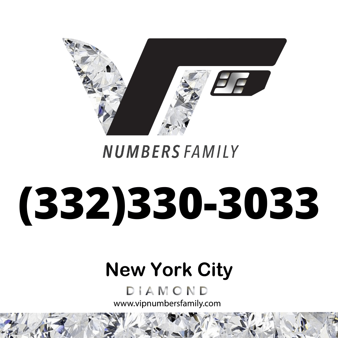 VIP Numbers Family diamond logo with the vip phone number with a rare area code Visit vipnumbersfamily.com to purchase usa number