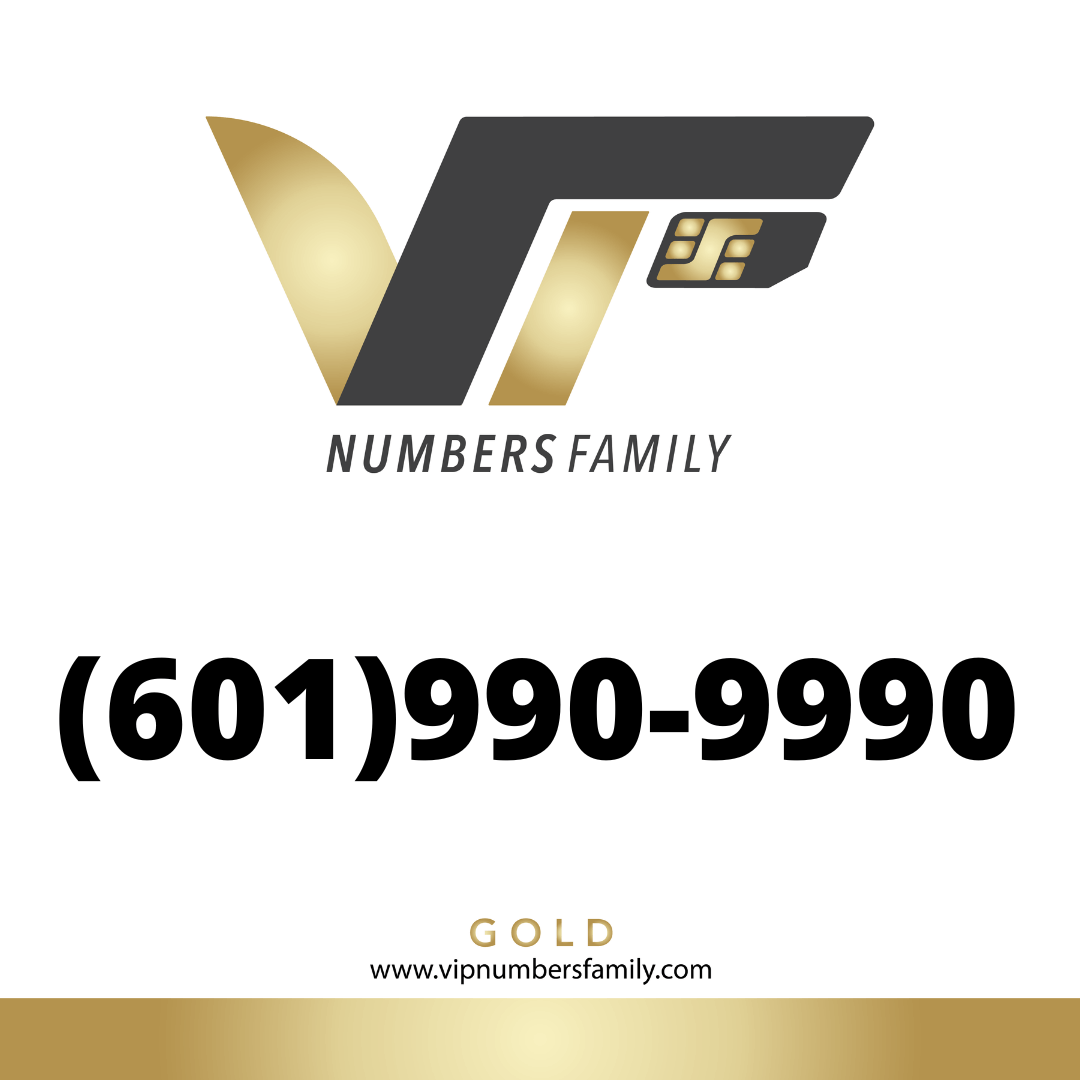 VIP Numbers Family gold logo with the vip phone number with a rare area code Visit vipnumbersfamily.com to purchase usa number