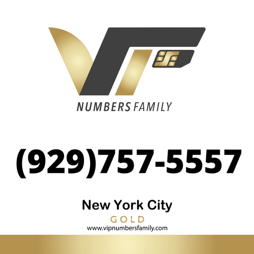 VIP Numbers Family gold logo with the vip phone number with a rare area code (929) 757-5557 Visit vipnumbersfamily.com to purchase