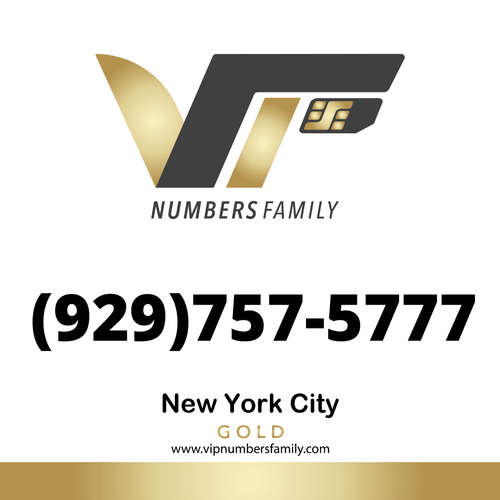 VIP Numbers Family gold logo with the vip phone number with a rare area code (929) 757-5777 Visit vipnumbersfamily.com to purchase