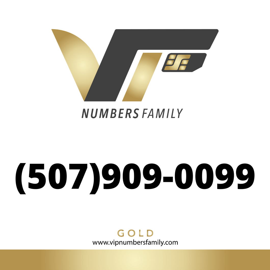 VIP Numbers Family gold logo with the vip phone number with a rare area code (507) 909-0099 Visit vipnumbersfamily.com to purchase