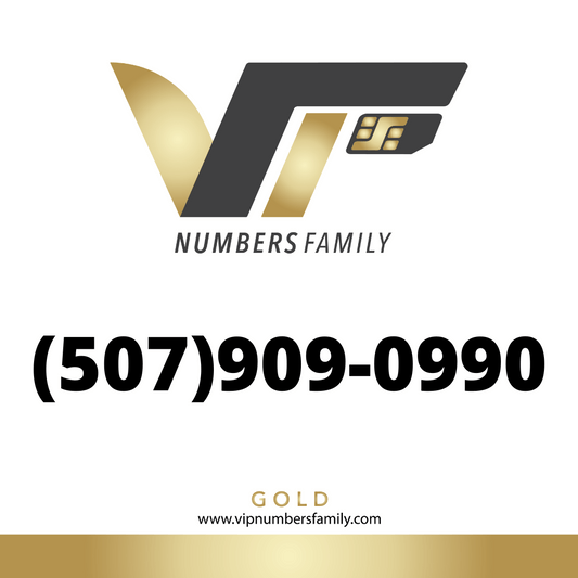 VIP Numbers Family gold logo with the vip phone number with a rare area code (507) 909-0990 Visit vipnumbersfamily.com to purchase