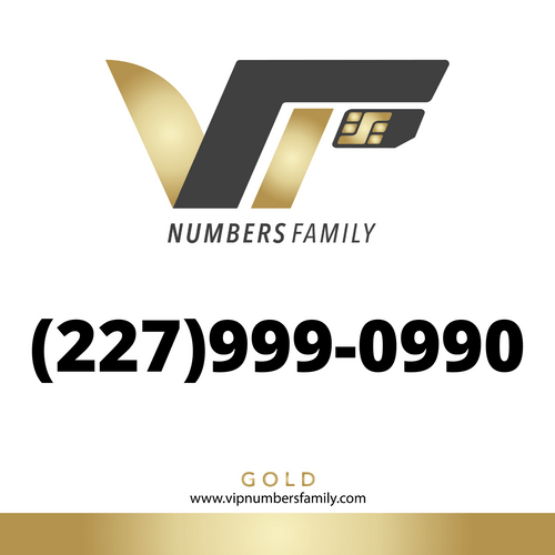 VIP Numbers Family Gold logo with the golden vip number (227) 999-0990 Visit vipnumbersfamily.com to purchase