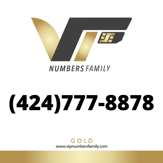 VIP Numbers Family gold logo with the vip phone number with a rare area code (424) 777-8878 Visit vipnumbersfamily.com to purchase usa numbers