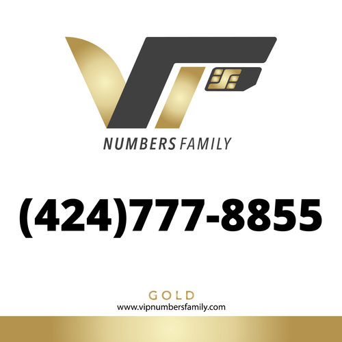 VIP Numbers Family gold logo with the vip phone number with a rare area code (424) 777-8855 Visit vipnumbersfamily.com to purchase usa numbers