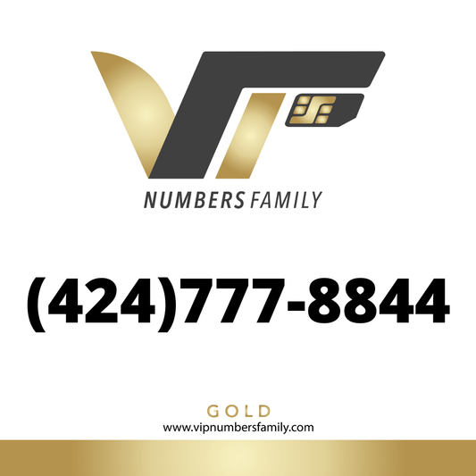 VIP Numbers Family gold logo with the vip phone number with a rare area code (424) 777-8844 Visit vipnumbersfamily.com to purchase usa numbers