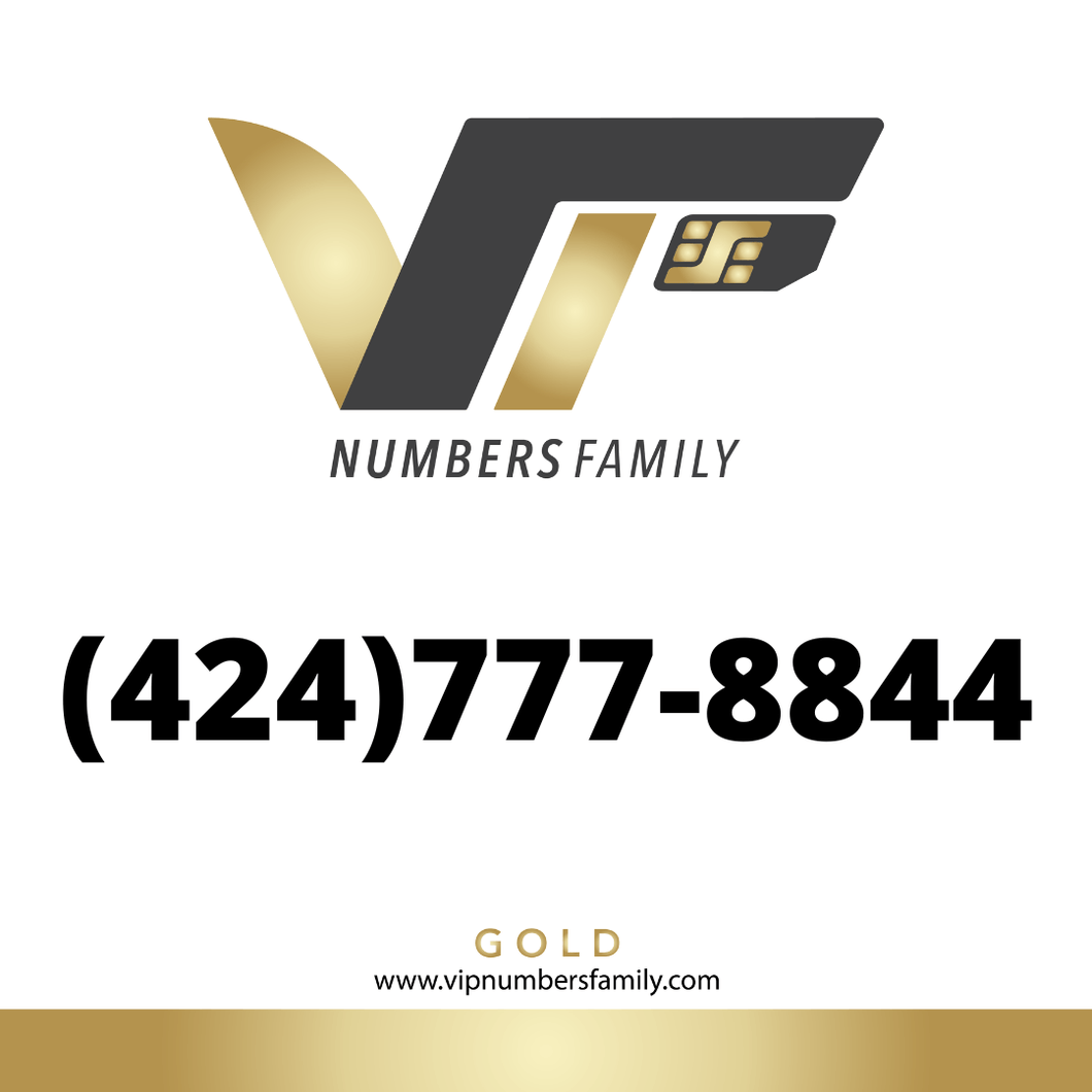 VIP Numbers Family gold logo with the vip phone number with a rare area code (424) 777-8844 Visit vipnumbersfamily.com to purchase usa numbers