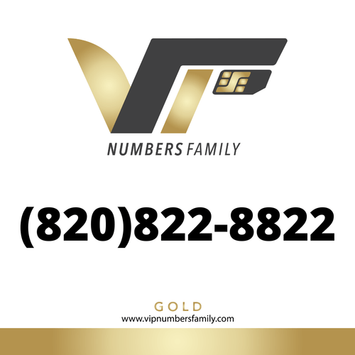 VIP Numbers Family gold logo with the vip phone number with a rare area code (820) 822-8822 Visit vipnumbersfamily.com to purchase usa numbers