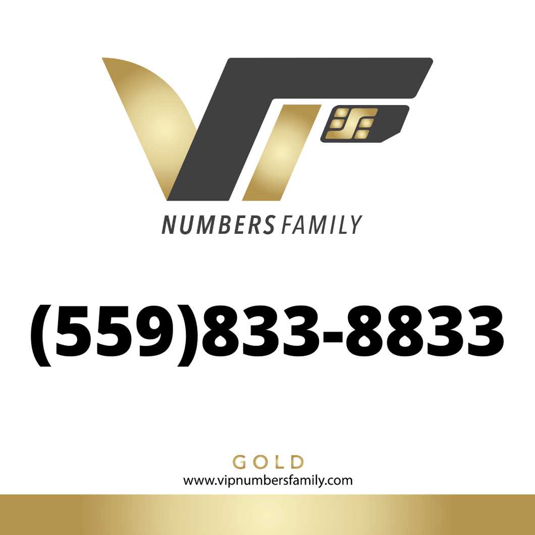 VIP Numbers Family gold logo with the vip phone number with a rare area code (559) 833-8833 Visit vipnumbersfamily.com to purchase usa numbers