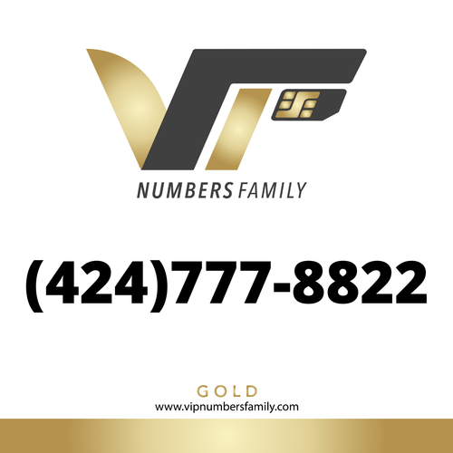 VIP Numbers Family gold logo with the vip phone number with a rare area code (424) 777-8822 Visit vipnumbersfamily.com to purchase usa numbers