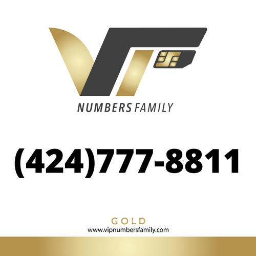 VIP Numbers Family gold logo with the vip phone number with a rare area code (424) 777-8811 Visit vipnumbersfamily.com to purchase usa numbers