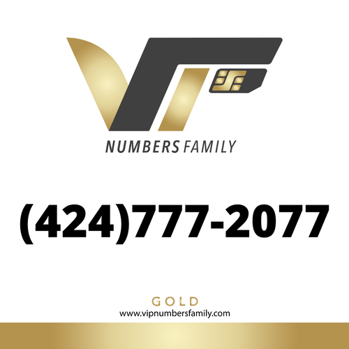 VIP Numbers Family gold logo with the vip phone number with a rare area code (424) 777-2077 Visit vipnumbersfamily.com to purchase usa numbers