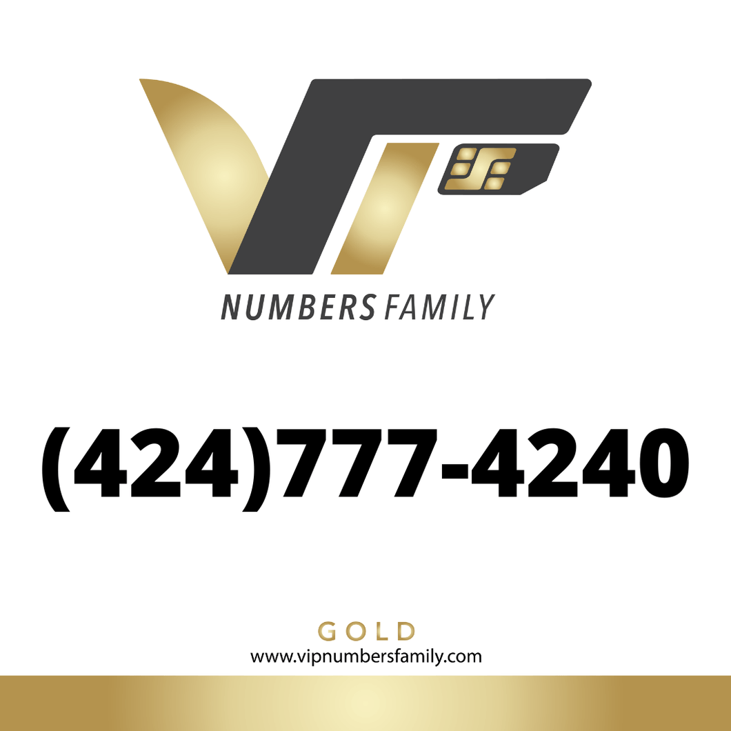 VIP Numbers Family gold logo with the vip phone number with a rare area code (424) 777-4240 Visit vipnumbersfamily.com to purchase usa numbers