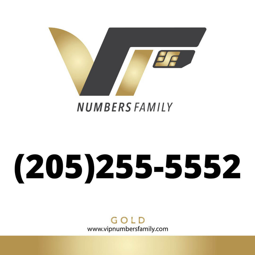 VIP Numbers Family gold logo with the vip phone number with a rare area code (205) 255-5552 Visit vipnumbersfamily.com to purchase usa numbers