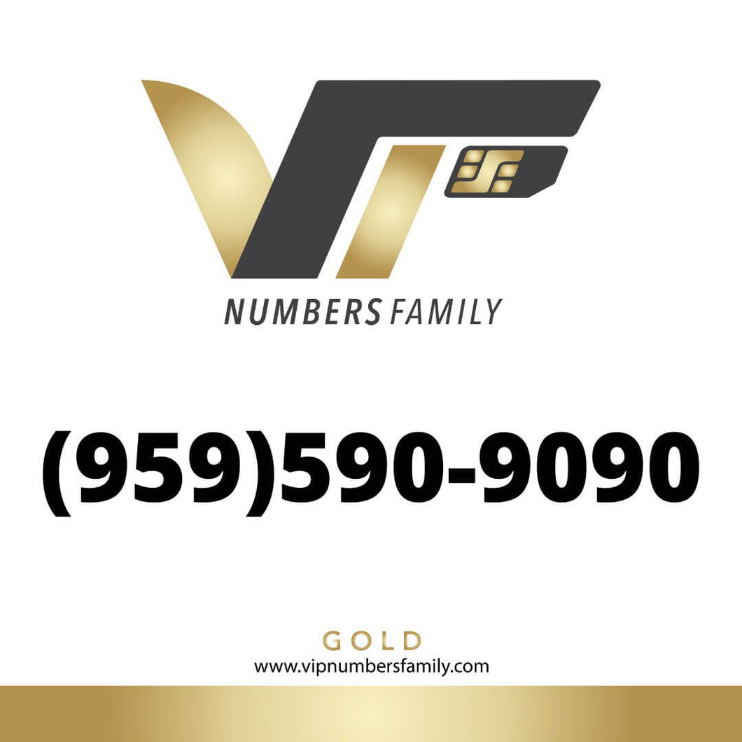 VIP Numbers Family gold logo with the vip phone number with a rare area code (959) 590-9090 Visit vipnumbersfamily.com to purchase usa numbers