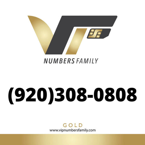 VIP Numbers Family gold logo with the vip phone number with a rare area code (920) 308-0808 Visit vipnumbersfamily.com to purchase usa numbers