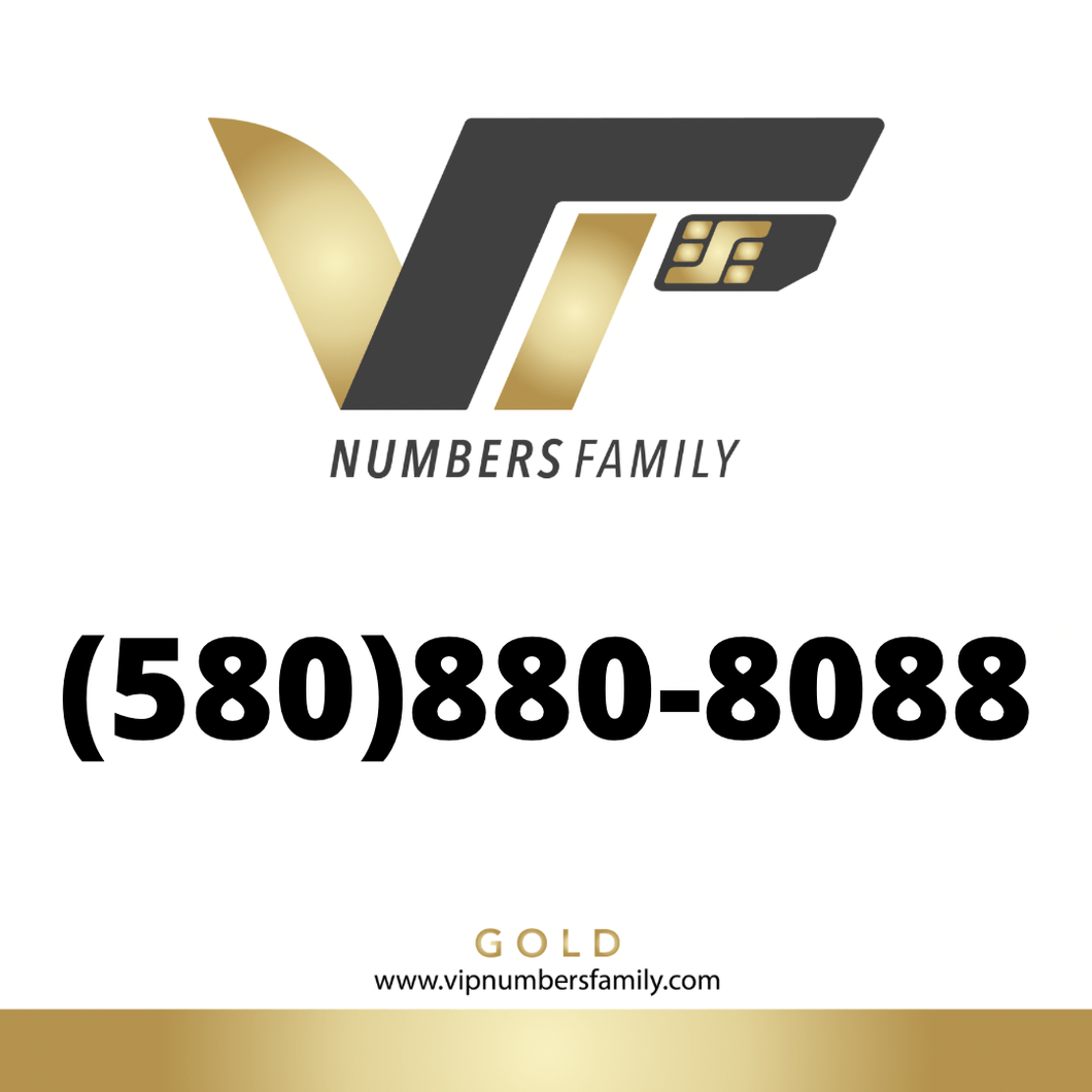 VIP Numbers Family Gold logo with the gold phone number (580) 880-8088 Visit vipnumbersfamily.com to purchase