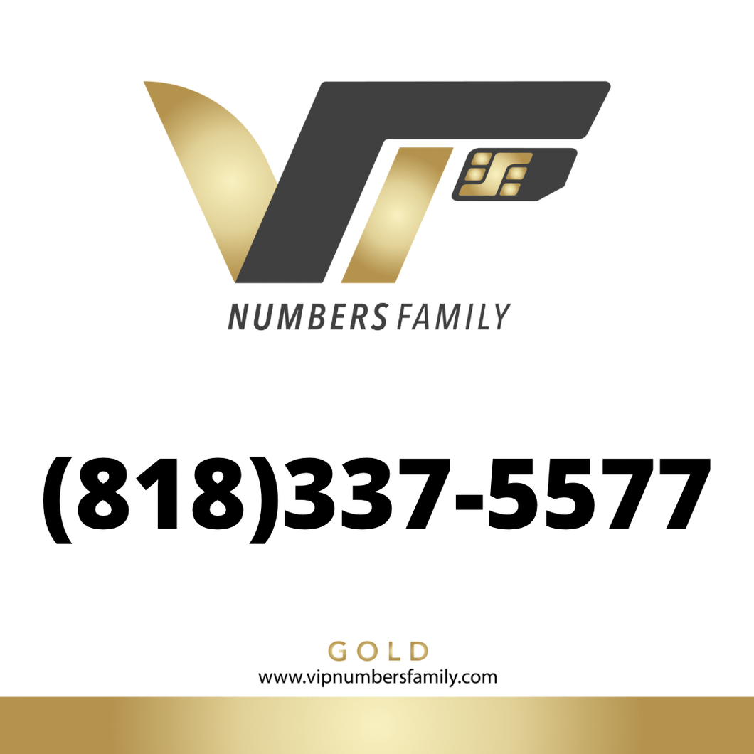 VIP Numbers Family Gold logo with the gold phone number (818) 337-5577 Visit vipnumbersfamily.com to purchase