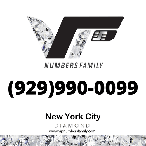 VIP Numbers Family diamond logo with the vip phone number with a rare area code (929) 990-0099 Visit vipnumbersfamily.com to purchase usa number