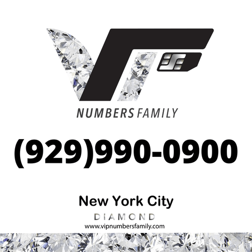 VIP Numbers Family diamond logo with the vip phone number with a rare area code (929) 990-0900 Visit vipnumbersfamily.com to purchase usa number