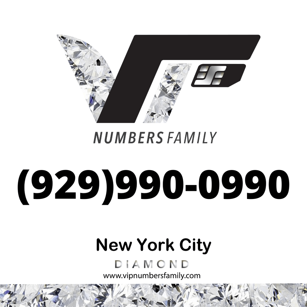 VIP Numbers Family diamond logo with the vip phone number with a rare area code (929) 990-0990 Visit vipnumbersfamily.com to purchase usa number