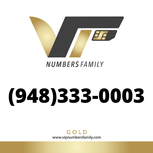 VIP Numbers Family Gold logo with the gold phone number (948) 333-0003 Visit vipnumbersfamily.com to purchase