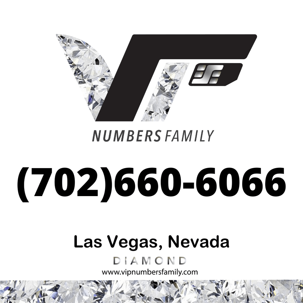 VIP Numbers Family diamond logo with the vip phone number with a rare area code (702) 660-6066 Visit vipnumbersfamily.com to purchase usa number