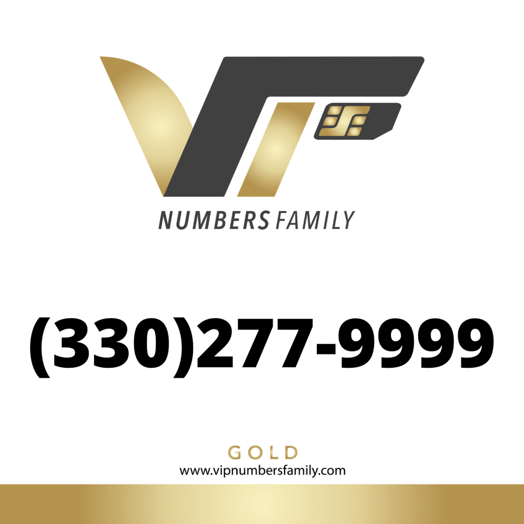 VIP Numbers Family gold logo with the vip phone number with a rare area code (330) 277-9999 Visit vipnumbersfamily.com to purchase usa numbers