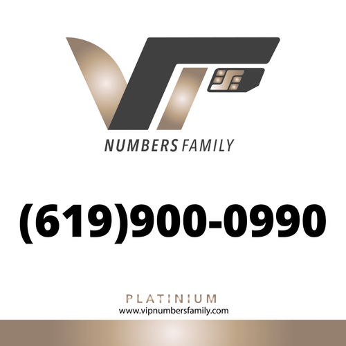 VIP Numbers Family platinum logo with the vip phone number with a rare area code (619) 900-0990 Visit vipnumbersfamily.com to purchase usa number