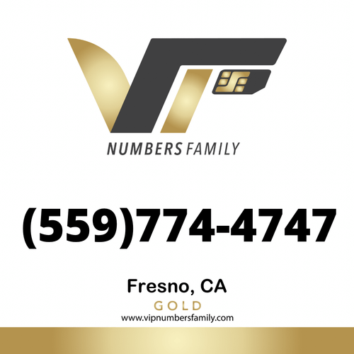 VIP Numbers Family gold logo with the vip phone number with a rare area code (559) 774-4747 Visit vipnumbersfamily.com to purchase usa numbers