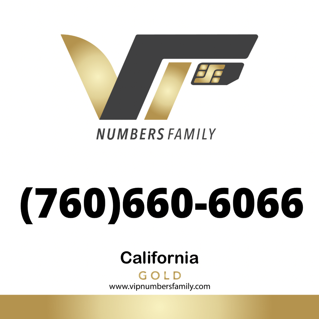 VIP Numbers Family gold logo with the vip phone number with a rare area code (760) 660-6066 Visit vipnumbersfamily.com to purchase usa number