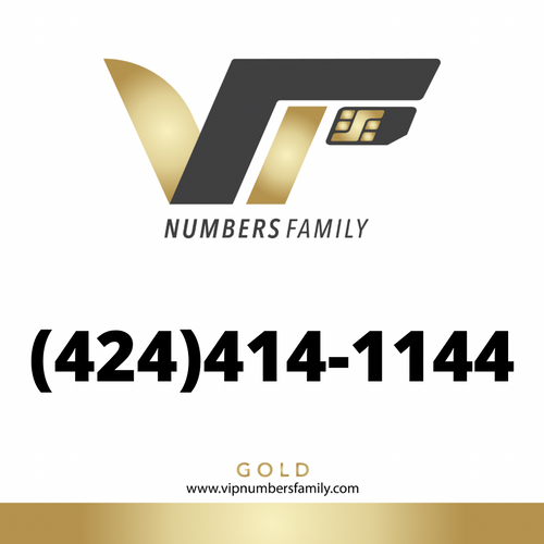 VIP Numbers Family Gold logo with the gold phone number (424) 414-1144 Visit vipnumbersfamily.com to purchase