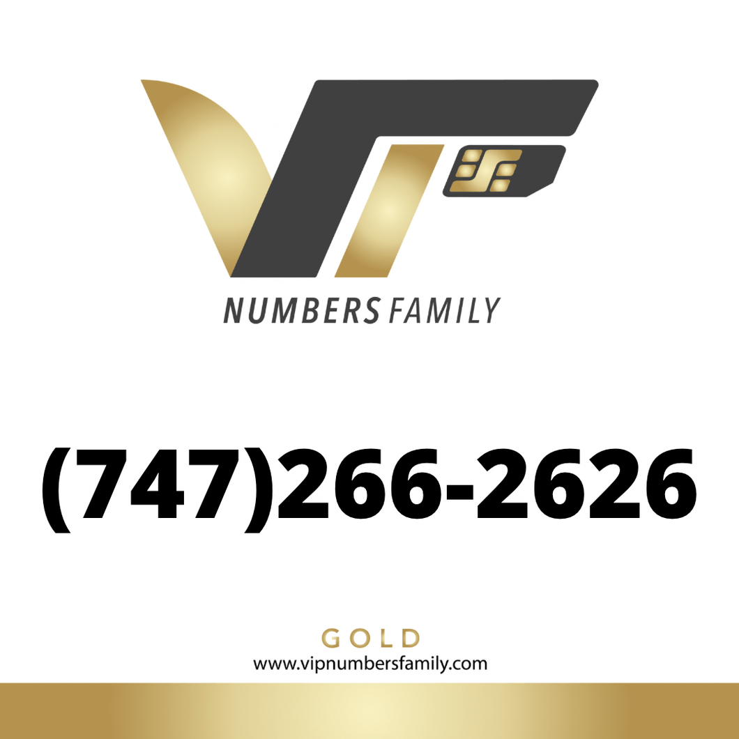 VIP Numbers Family Gold logo with the vip number usa with a rare area code (747) 266-2626 Visit vipnumbersfamily.com to purchase