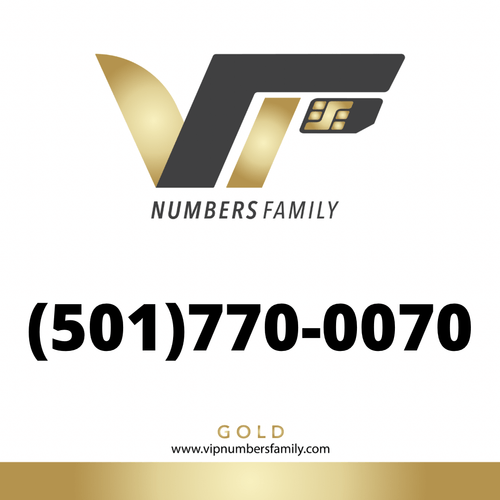 VIP Numbers Family Gold logo with the gold phone number (501) 770-0070 Visit vipnumbersfamily.com to purchase