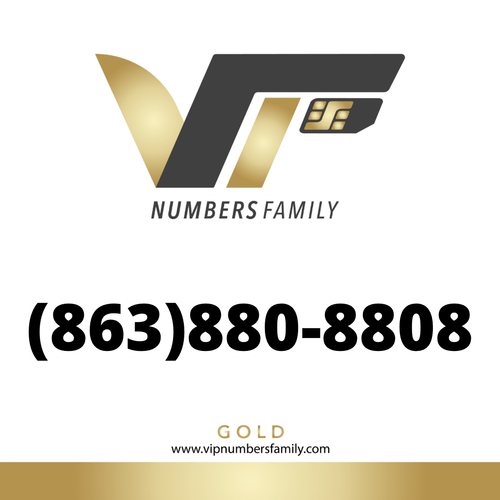 VIP Numbers Family Gold logo with the gold phone number (863) 880-8808 Visit vipnumbersfamily.com to purchase