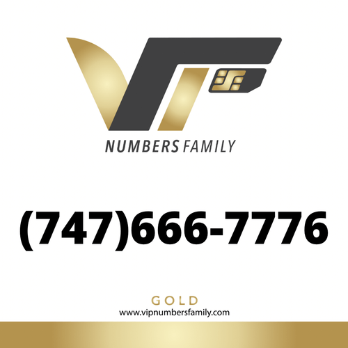 VIP Numbers Family gold logo with the gold vip no with a rare area code (747) 666-7776 Visit vipnumbersfamily.com to purchase