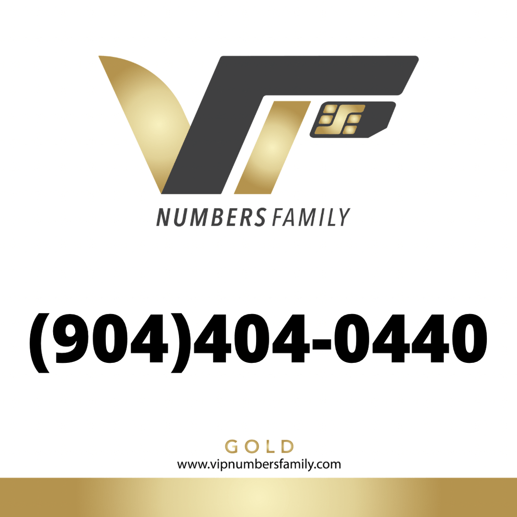 VIP Numbers Family Gold logo with the gold phone number (904) 404-0440 Visit vipnumbersfamily.com to purchase