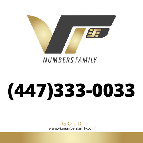 VIP Numbers Family Gold logo with the gold phone number (447) 333-0033 Visit vipnumbersfamily.com to purchase
