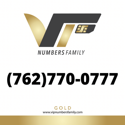 VIP Numbers Family Gold logo with the gold phone number (762) 770-0777 Visit vipnumbersfamily.com to purchase