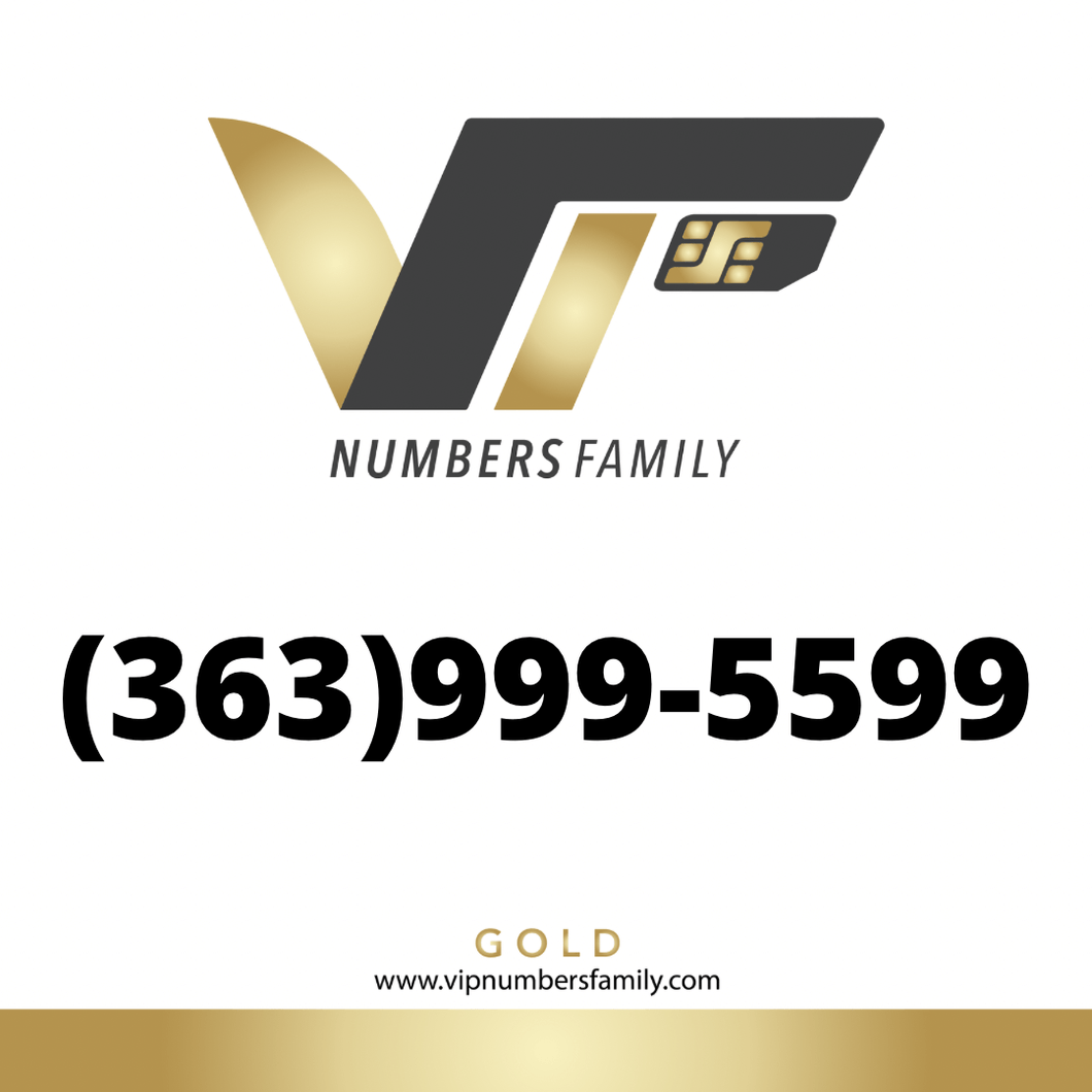 VIP Numbers Family Gold logo with the gold phone number (363) 999-5599 Visit vipnumbersfamily.com to purchase