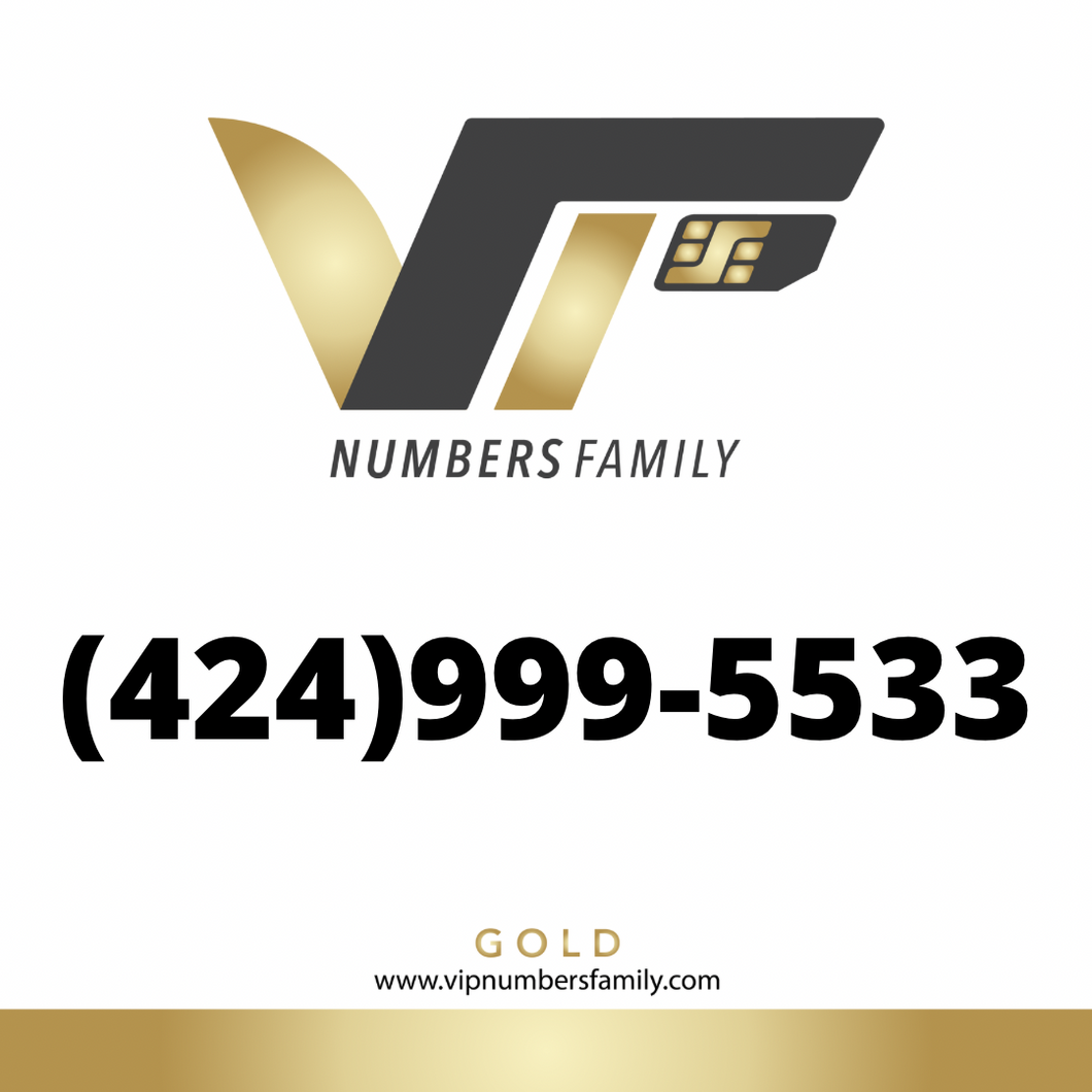 VIP Numbers Family Gold logo with the gold phone number (424) 999-5533 Visit vipnumbersfamily.com to purchase