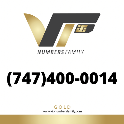 VIP Numbers Family Gold logo with the gold phone number (747) 400-0014 Visit vipnumbersfamily.com to purchase