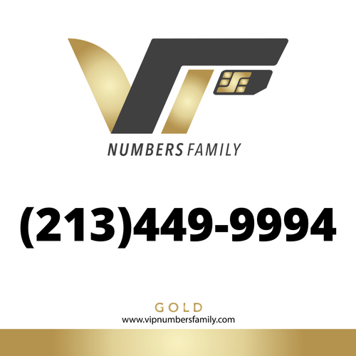 VIP Numbers Family Gold logo with the vip number usa with a rare area code (213) 449-9994 Visit vipnumbersfamily.com to purchase