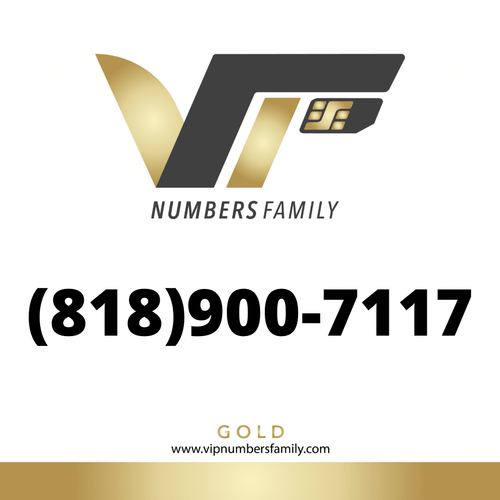 VIP Numbers Family Gold logo with the gold phone number (818) 900-7117 Visit vipnumbersfamily.com to purchase