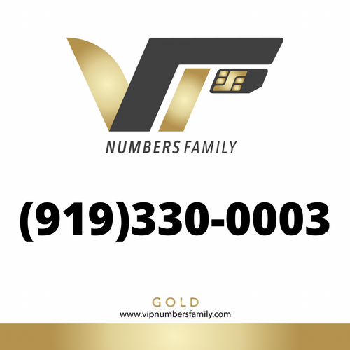 VIP Numbers Family Gold logo with the gold phone number (919) 330-0003 Visit vipnumbersfamily.com to purchase