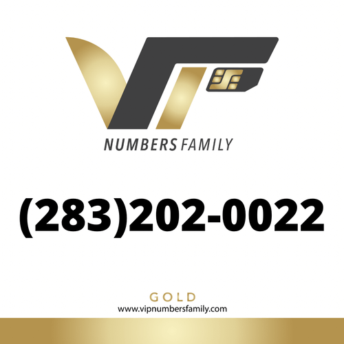 VIP Numbers Family Gold logo with the gold phone number (283) 202-0022 Visit vipnumbersfamily.com to purchase