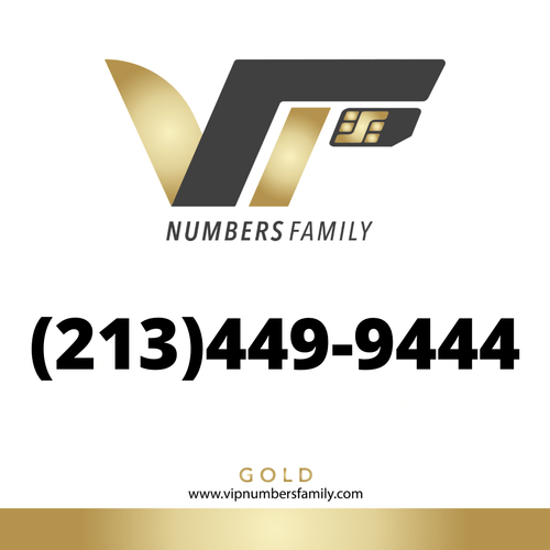 VIP Numbers Family Gold logo with the vip number usa with a rare area code (213) 449-9444 Visit vipnumbersfamily.com to purchase