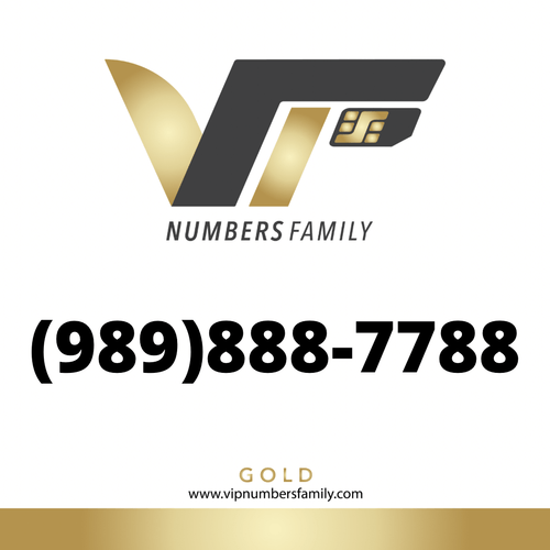 VIP Numbers Family Gold logo with the gold phone number (989) 888-7788 Visit vipnumbersfamily.com to purchase