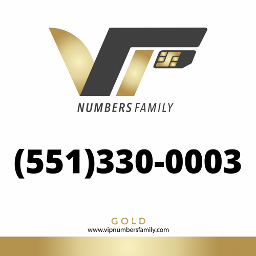 VIP Numbers Family Gold logo with the gold phone number (551) 330-0003 Visit vipnumbersfamily.com to purchase