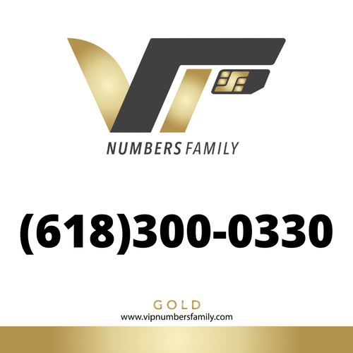 VIP Numbers Family gold logo with the vip phone number with a rare area code (618) 300-0330 Visit vipnumbersfamily.com to purchase usa number